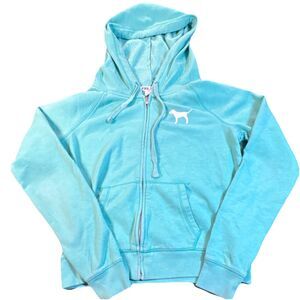 PINK Victoria's Secret Women's M Full Zip Hoodie Turquoise Logo Knit Cotton